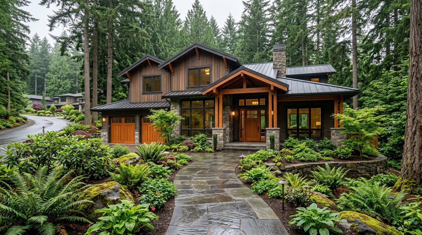 Pacific Northwest craftsman home in Bothell, WA surrounded by Douglas fir evergreens