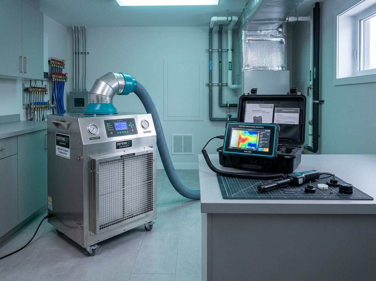 Stainless steel HEPA air scrubber filtration and digital moisture mapping diagnostic equipment