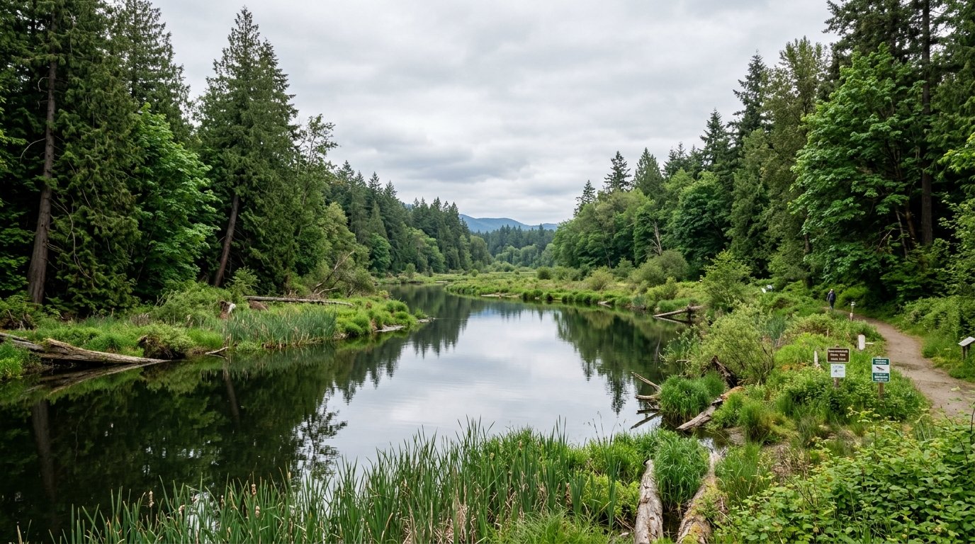 Sammamish River corridor and evergreen wetlands in Bothell, Washington
